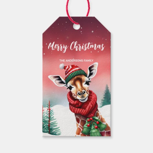 Schattigee Giraffe Zoo Kerstfeest Sneeuw kinder Cadeaulabel (Voorkant)