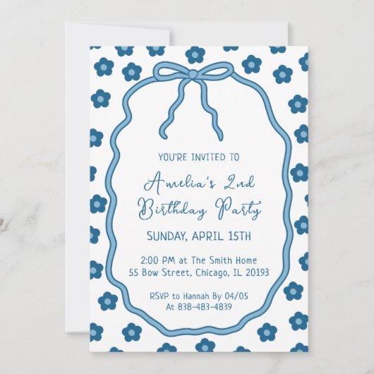 Schattigee Girly Blue Flowers en Bow verjaardagsfe Kaart (Voorkant)