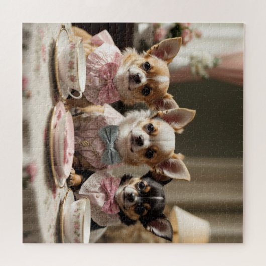 Schattigee Girly Chihuahua Tea Party Legpuzzel (Horizontaal)