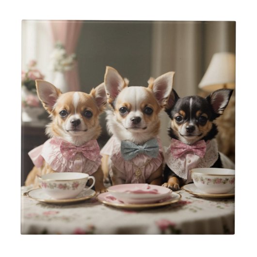 Schattigee Girly Chihuahua Tea Party Tegeltje (Voorkant)