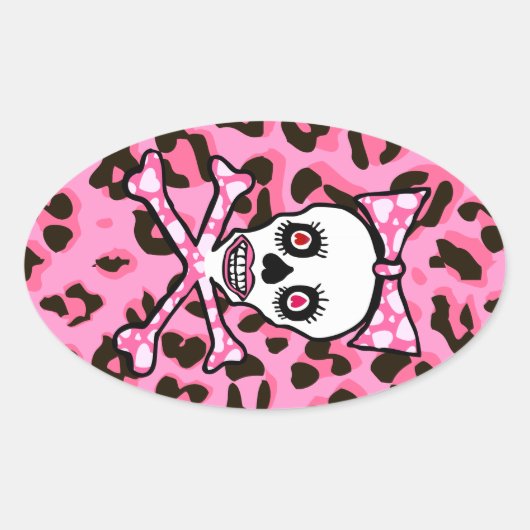Schattigee Girly gothic punk schedel op roze luipa Ovale Sticker (Voorkant)