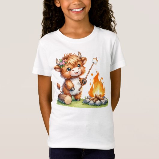 Schattigee Girly Highland Koe Camping Smores T-shirt (Voorkant)