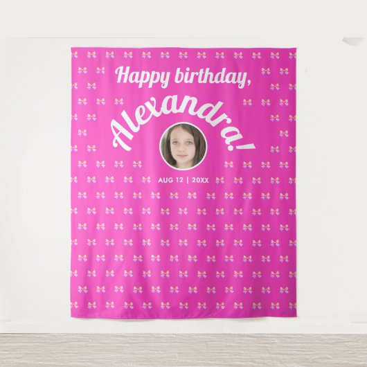 Schattigee Girly Hot Pink Bow Pattern Foto Bday We Wandkleed (Voorkant)