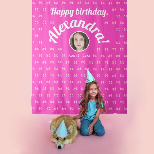 Schattigee Girly Hot Pink Bow Pattern Foto Bday We Wandkleed