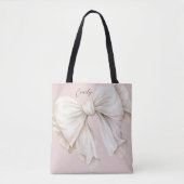 Schattigee Girly Ivory White Bow op Roze Tote Bag (Voorkant)