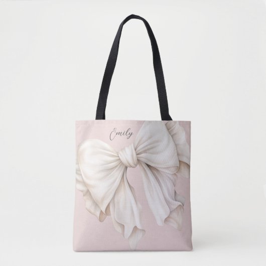 Schattigee Girly Ivory White Bow op Roze Tote Bag (Voorkant)