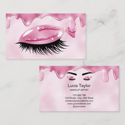 Schattigee Girly Lashes Pink Glitter Drips Visitekaartje (Voorkant / Achterkant)
