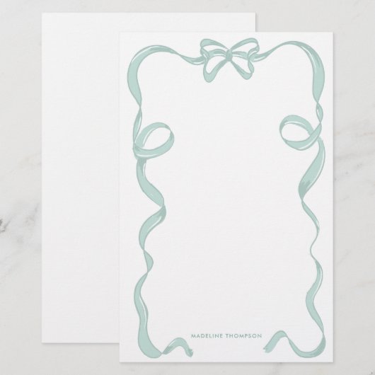 Schattigee Girly Mint Groene Bow Ribbon Lijst Briefpapier (Voorkant / Achterkant)