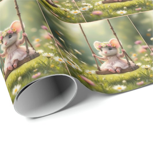 Schattigee Girly Mouse op een schommel Cadeaupapier (Rol Hoek)