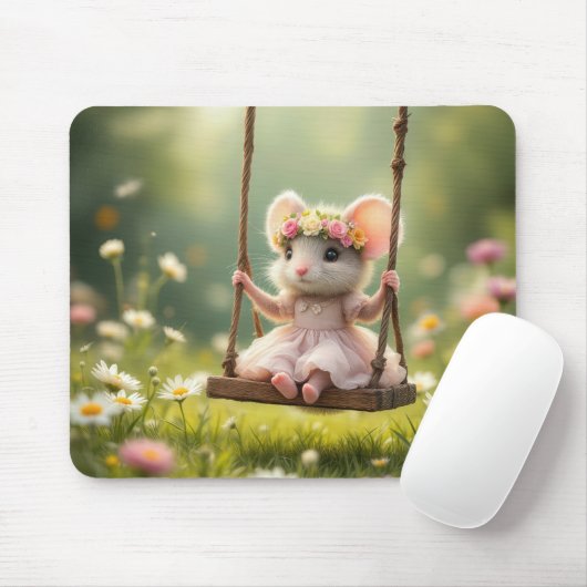 Schattigee Girly Mouse op een schommel Muismat (Met muis)