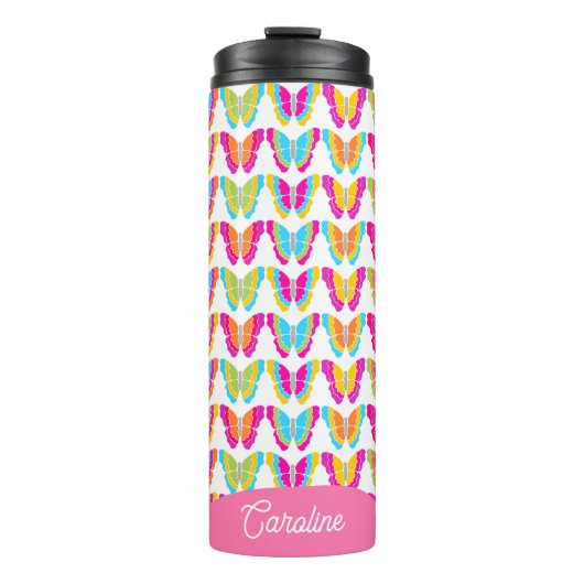 Schattigee Girly Multicolor Regenboog Vlinders Naa Thermosbeker (Voorkant)