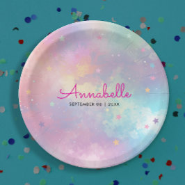 Schattigee Girly Paarse Roze Holografische Sky Wat Papieren Bordje