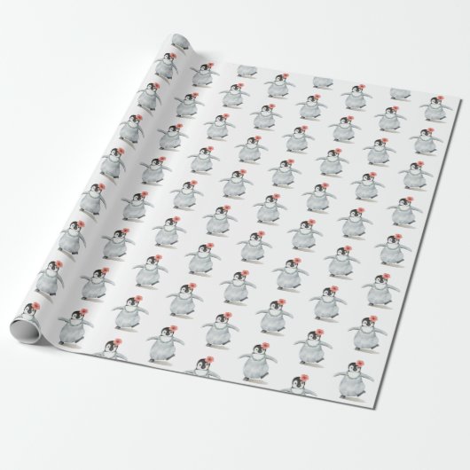 Schattigee Girly Penguin met Hibiscus Bloempatroon Cadeaupapier (Uitgerold)