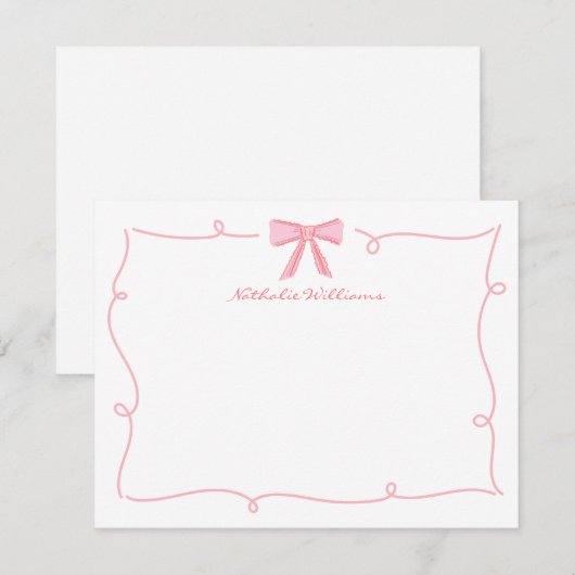 Schattigee Girly Pink Bow Wavy Border Stationery Notitiekaartje (Voorkant / Achterkant)