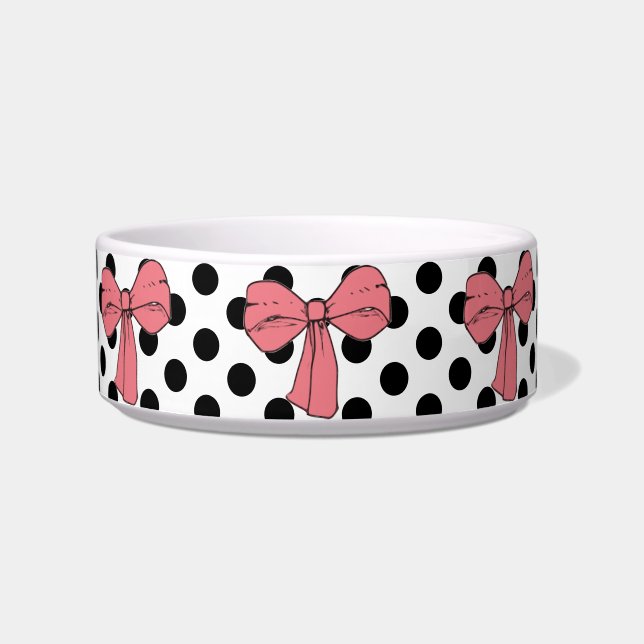 Schattigee Girly Pink Bows en Zwarte Polkadots op  Voerbakje (Voorkant)