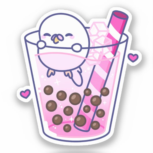 Schattigee Girly Pink Budgie Boba Bubble Tea Sticker (Voorkant)