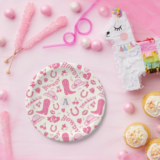 Schattigee Girly Pink Cowgirl Bows Kersen Monogram Papieren Bordje (Feest)