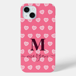Schattigee Girly Pink Heart Monogram naam iPhone 15 Mini Hoesje