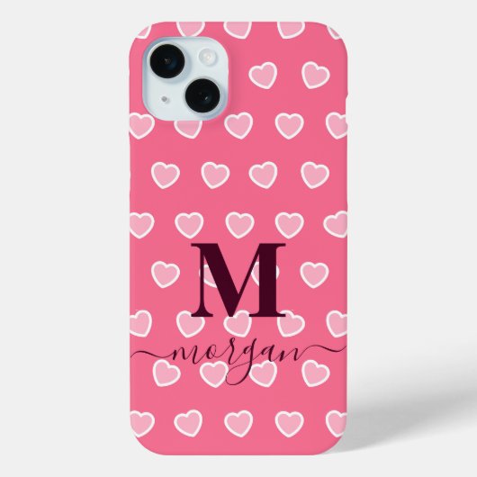 Schattigee Girly Pink Heart Monogram naam Case-Mate iPhone Case (Achterkant)