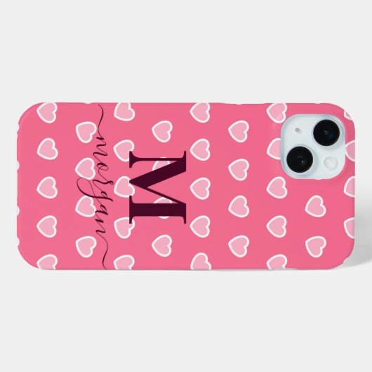 Schattigee Girly Pink Heart Monogram naam Case-Mate iPhone Case (Achterkant (horizontaal))