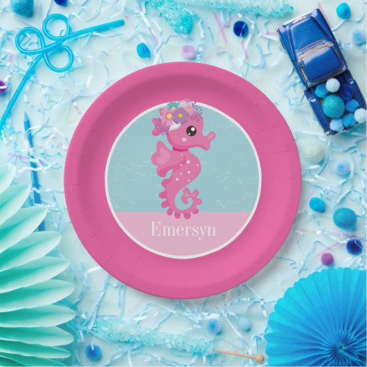 Schattigee Girly Pink Seahorse Kinder naam Papieren Bordje (Feest)