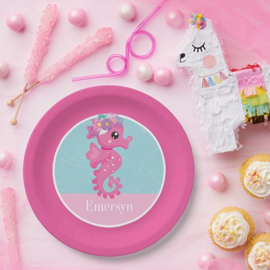 Schattigee Girly Pink Seahorse Kinder naam Papieren Bordje (Feest)