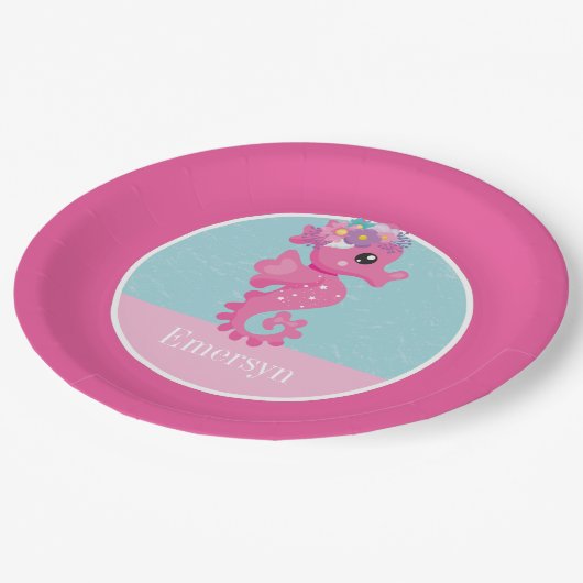 Schattigee Girly Pink Seahorse Kinder naam Papieren Bordje (Gekanteld)