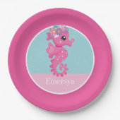 Schattigee Girly Pink Seahorse Kinder naam Papieren Bordje (Voorkant)