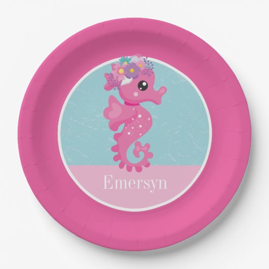 Schattigee Girly Pink Seahorse Kinder naam Papieren Bordje (Voorkant)
