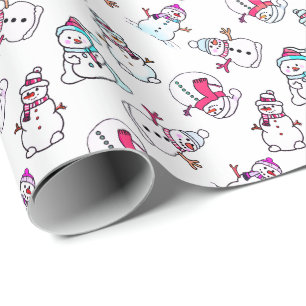 Schattigee Girly Pink Snowman   Witte kerst Cadeaupapier