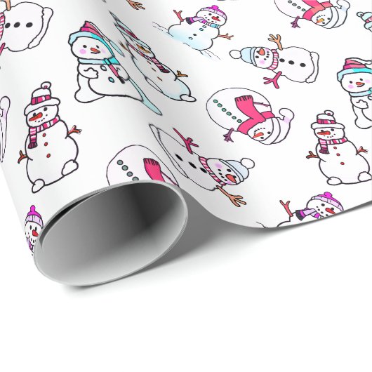 Schattigee Girly Pink Snowman | Witte kerst Cadeaupapier (Rol Hoek)