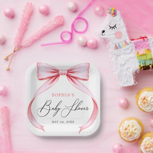 Schattigee Girly Roze Coquette Bow Baby shower Papieren Bordje (Feest)