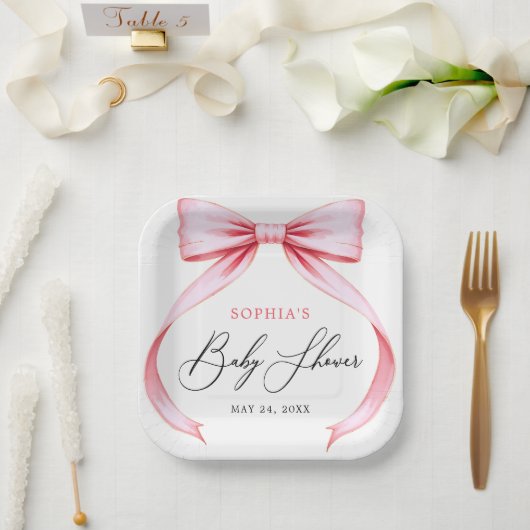 Schattigee Girly Roze Coquette Bow Baby shower Papieren Bordje (Huwelijk)