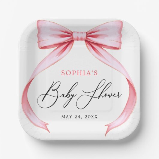 Schattigee Girly Roze Coquette Bow Baby shower Papieren Bordje (Voorkant)