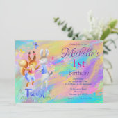 Schattigee Girly Roze Dansende Konijnen 1e Verjaar Kaart (Staand voorkant)