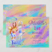 Schattigee Girly Roze Dansende Konijnen 1e Verjaar Kaart (Voorkant / Achterkant)