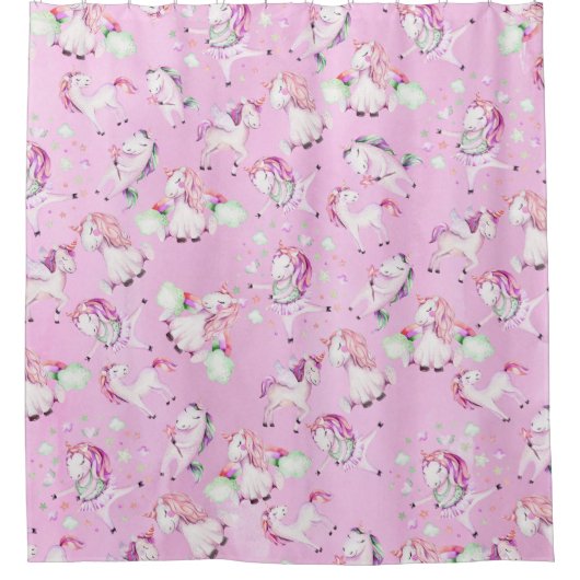 Schattigee Girly Roze Eenhoorn Regenboog Waterverf Douchegordijn (Voorkant)