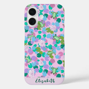 Schattigee girly roze kikkerkunst met waterlelies iPhone 16 hoesje