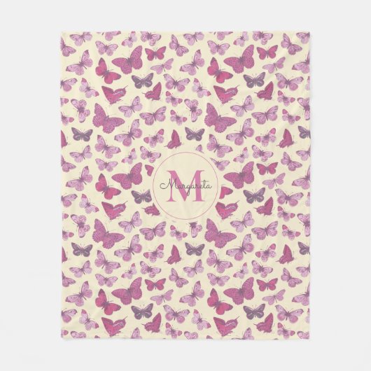 Schattigee Girly Roze Vlinder Patroon Naam Monogra Fleece Deken (Voorkant)