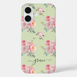 Schattigee Girly Sage Groen Roze Bloemen Gepersona iPhone 16 Hoesje