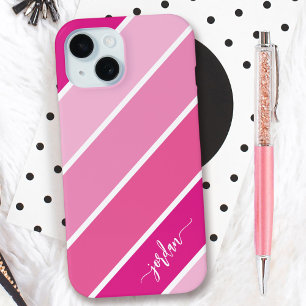 Schattigee Girly Script Naam Pink Stripes Patroon iPhone 15 Case