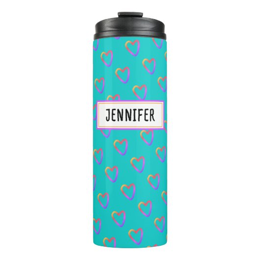 Schattigee Girly Turquoise Kleurrijke Hart Patroon Thermosbeker (Voorkant)