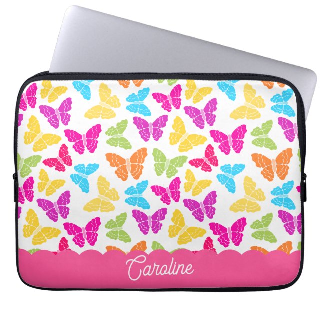 Schattigee Girly Vibrant Rainbow Butterfly Patroon Laptop Sleeve (Voorkant)