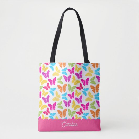 Schattigee Girly Vibrant Rainbow Butterfly Patroon Tote Bag (Voorkant)