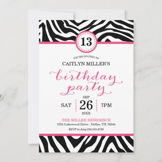 Schattigee Girly Zebra Print Verjaardagsfeestuitno Kaart (Voorkant)