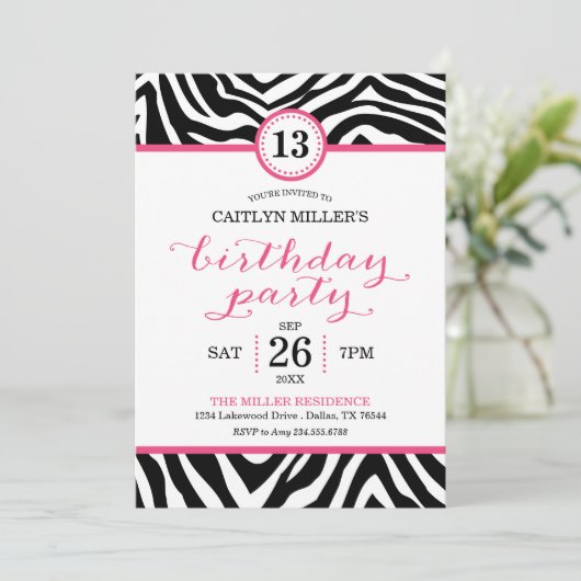 Schattigee Girly Zebra Print Verjaardagsfeestuitno Kaart (Staand voorkant)