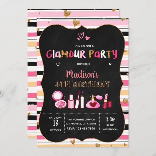 Schattigee Glamour verjaardagsfeestuitnodiging Kaart (Voorkant / Achterkant)