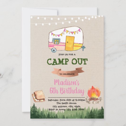 Schattigee glamping party verjaardagsuitnodiging kaart (Voorkant)