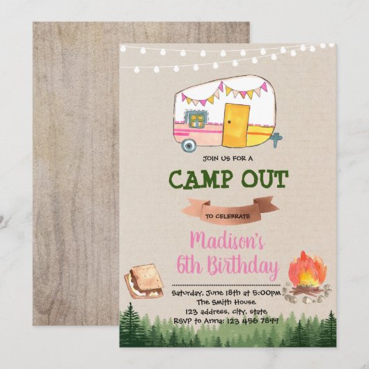 Schattigee glamping party verjaardagsuitnodiging kaart (Voorkant / Achterkant)