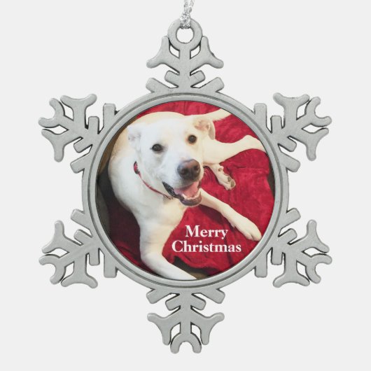 Schattigee Glimlachende Witte Lab Mix Hond Tin Sneeuwvlok Ornament (Voorkant)